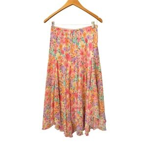 Vintage‎ Y2K Floral Midi Skirt Drop Waist Handkerchief Hem Small Boho Fairycore